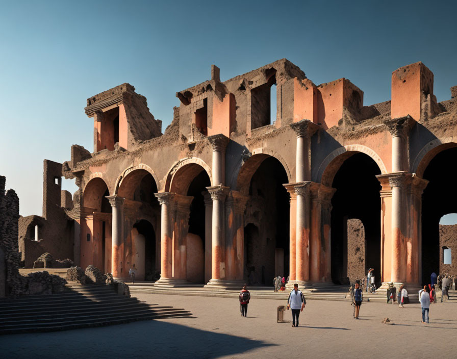 Ancient Roman ruins featuring arches and columns under a clear sky with tourists exploring.