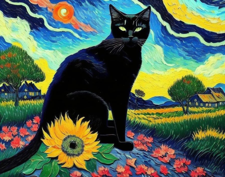 Black cat with sunflower in Van Gogh-inspired swirl background