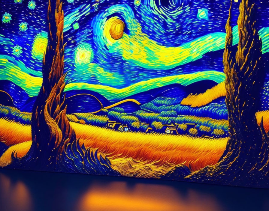 Digital projection of swirling night sky and cypress trees in a village.