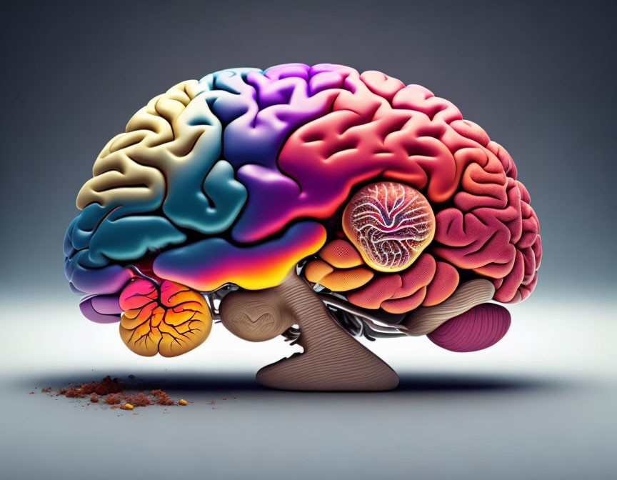 Vibrant human brain illustration with colorful regions on neutral backdrop