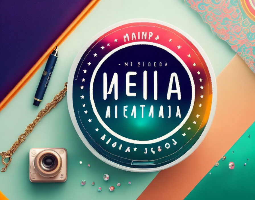 Colorful flat lay with makeup compact, camera, pen, jewels, and bag on pastel backdrop