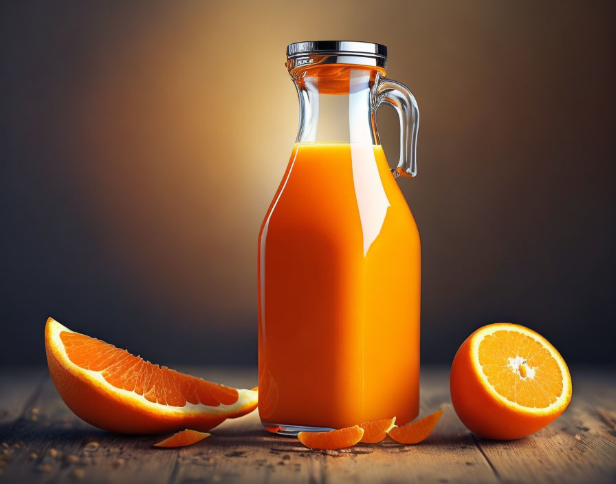 Glass jug filled with orange juice and cut orange slices on wooden surface