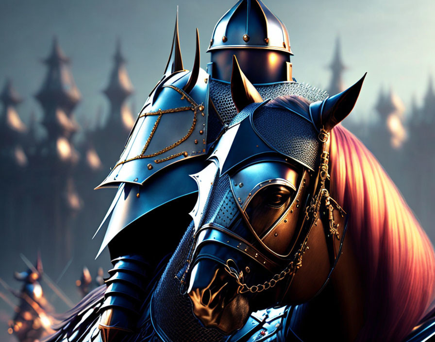 Intricate knight on horse with metalwork, spear tips, blue background