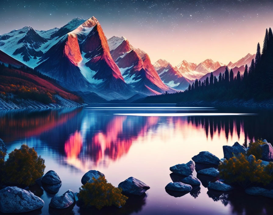 Snow-capped mountains reflected in calm lake under starry twilight sky