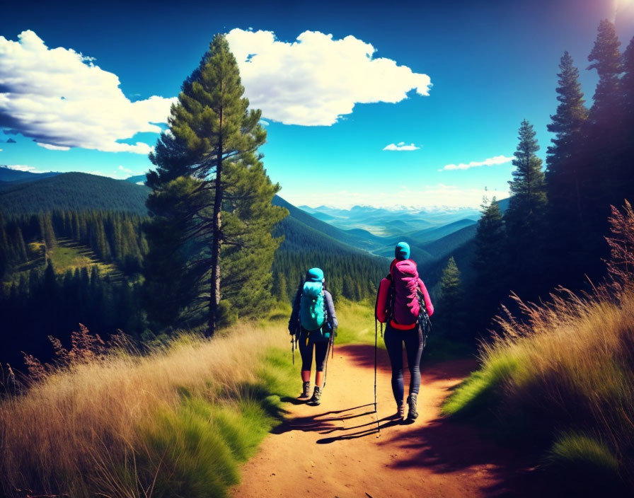 Hikers with backpacks on forest trail with mountain view