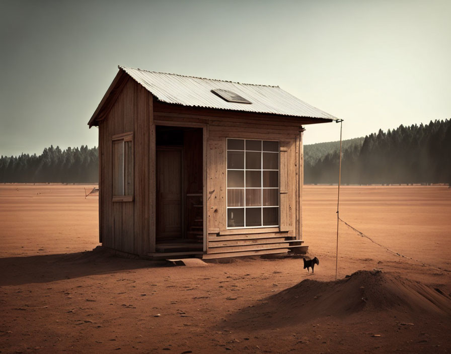 Desolate wooden shack with metal roof and dog in barren landscape