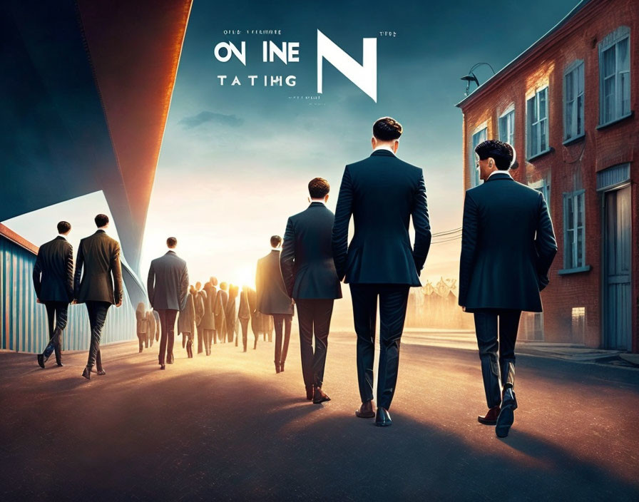 Men in suits walking to split reality with sunny urban area on one side and crowded, darker zone on