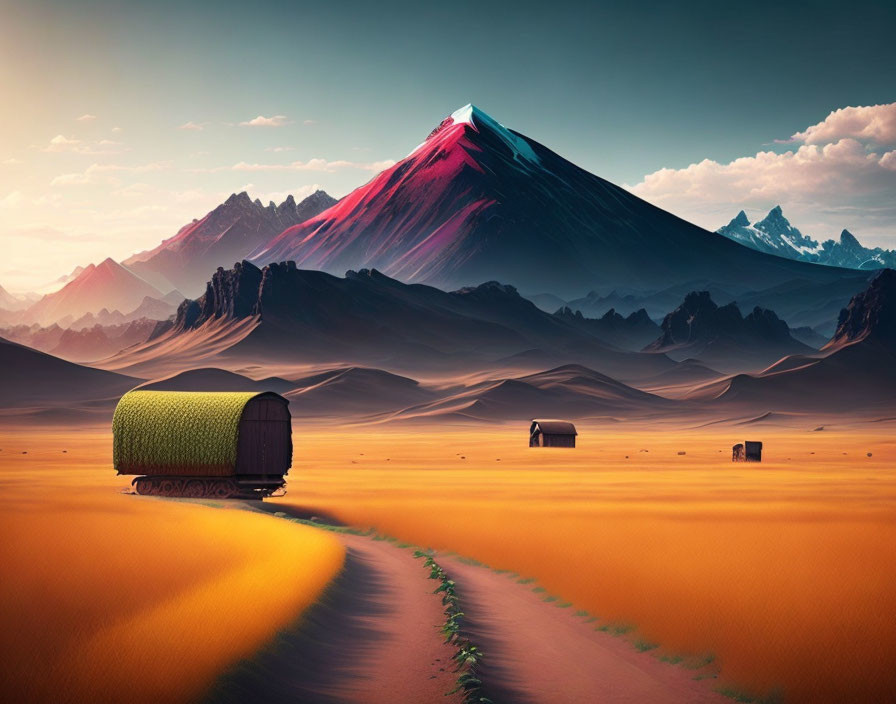 Surreal landscape featuring green-covered wagon in desert with red mountains.