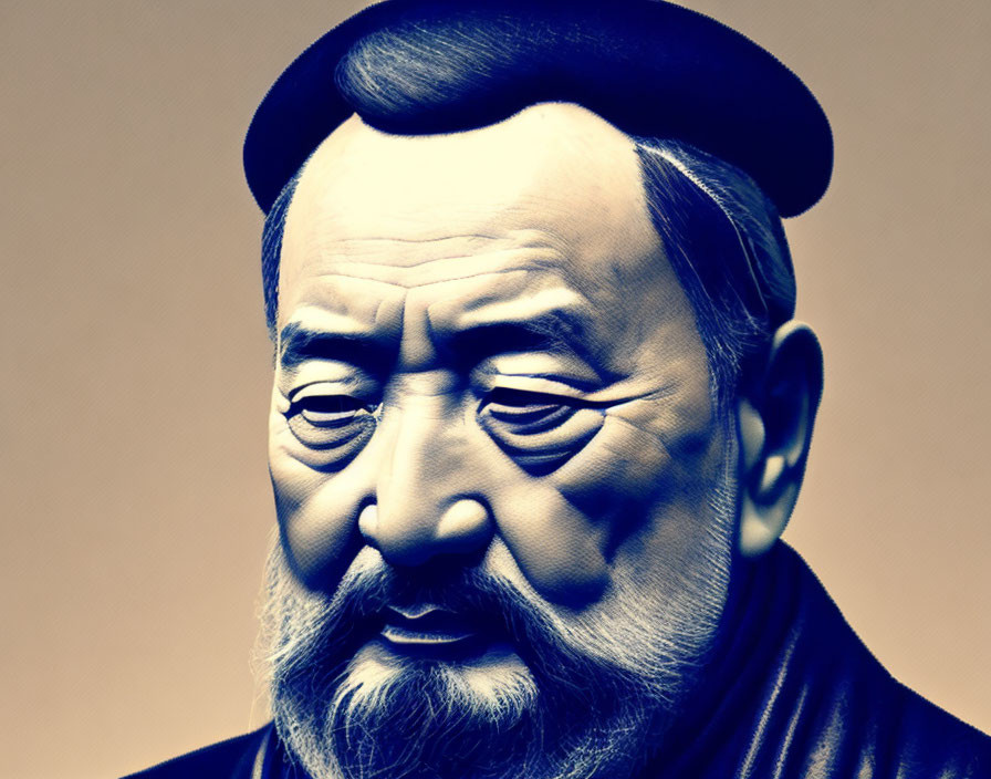 Bearded man in beret with solemn expression on monochromatic backdrop