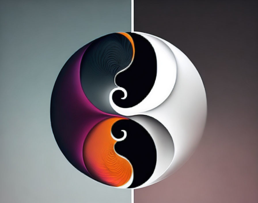 Vibrant 3D yin-yang symbol on split grey-white backdrop