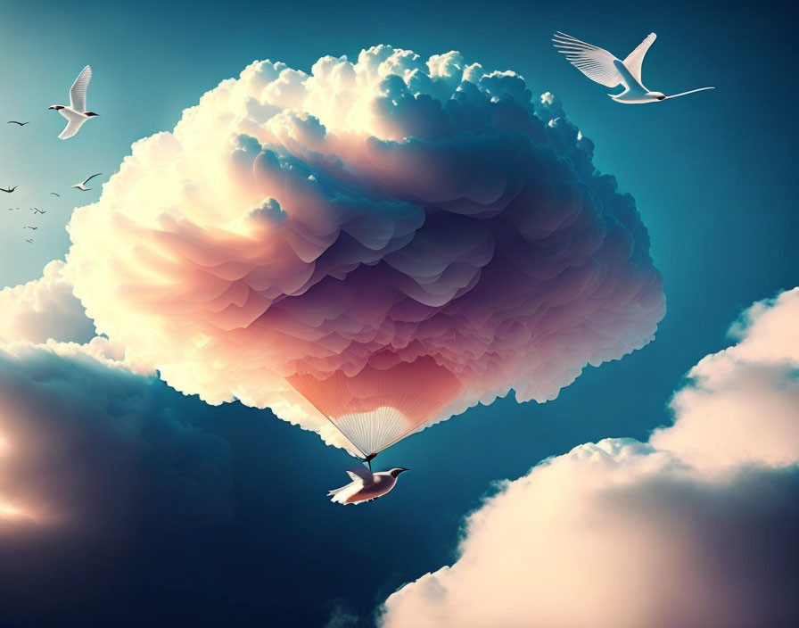 Birds flying around open flower cloud in blue sky