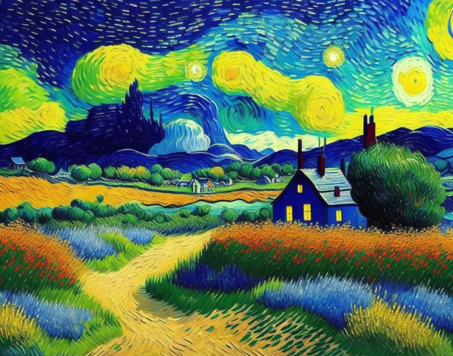 Vibrant painting of starry night with swirling stars, blue sky, village, blue & yellow