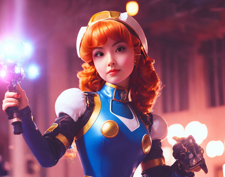 Futuristic person in blue and white costume with blaster in warmly lit setting