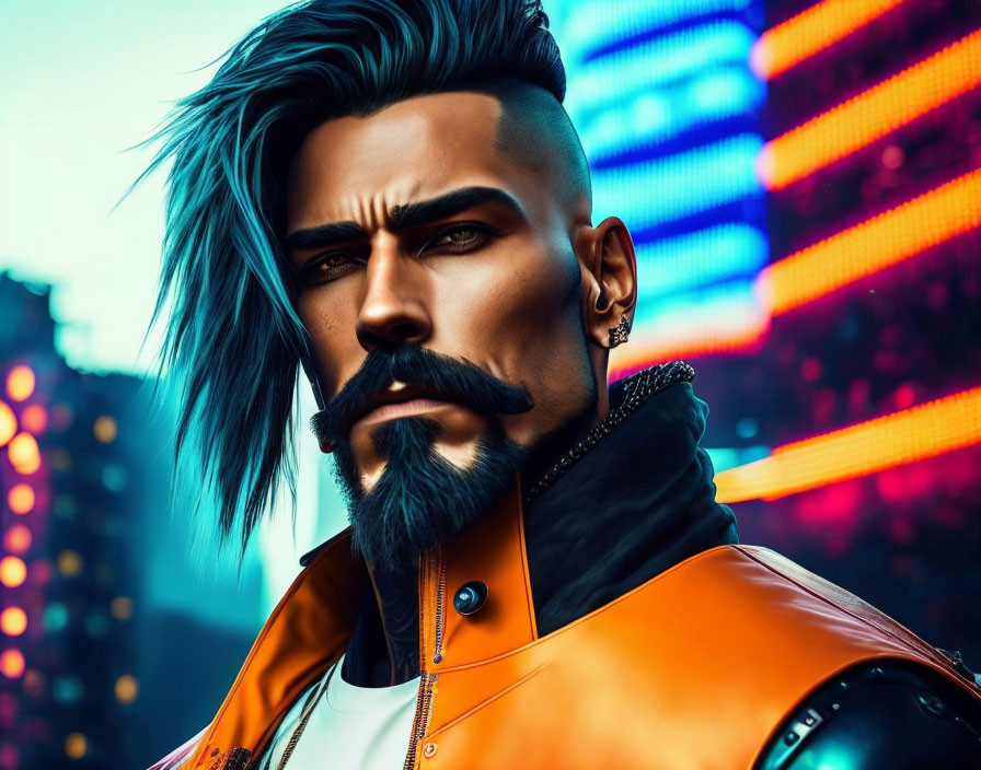 Man with Blue Hair and Orange Jacket in Neon Cityscape