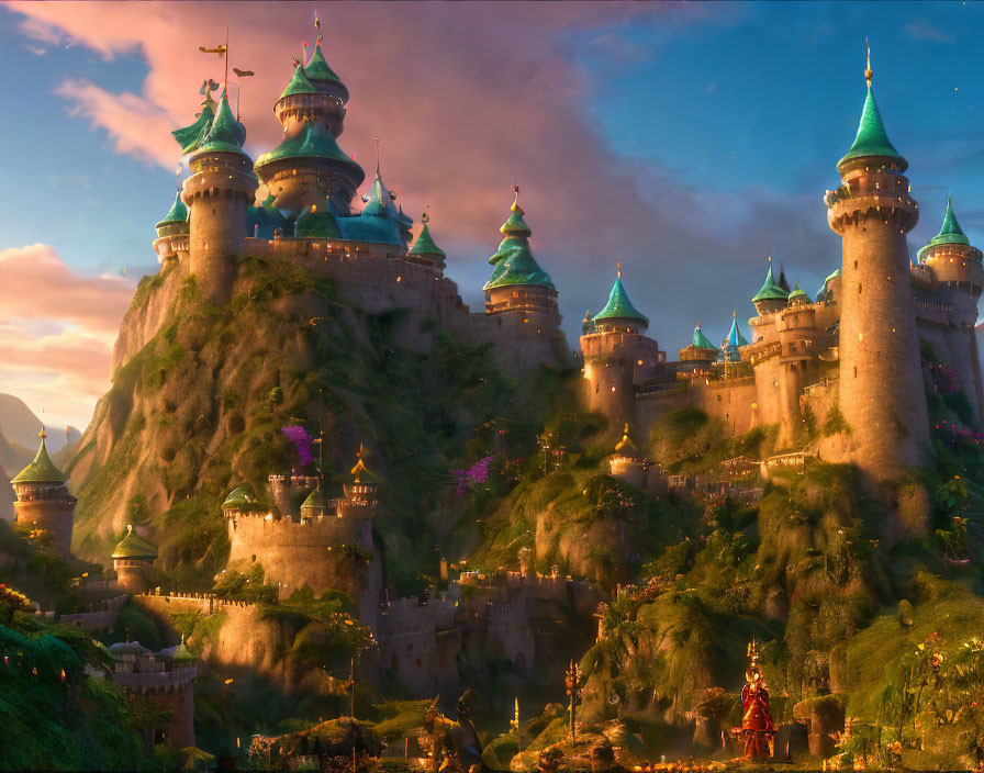 Majestic fairytale castle on lush green hill at sunset