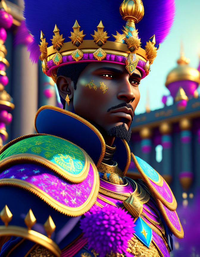 Regal figure in blue and gold attire on purple background