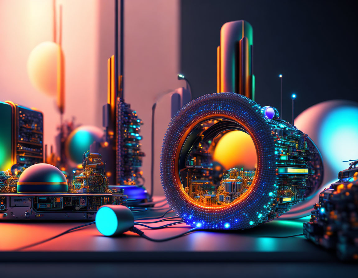 Futuristic cityscape with neon lights and reflective structures