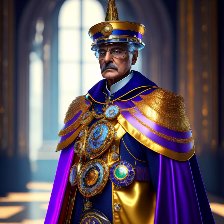 Ornate golden-armored man with mustache in regal hallway