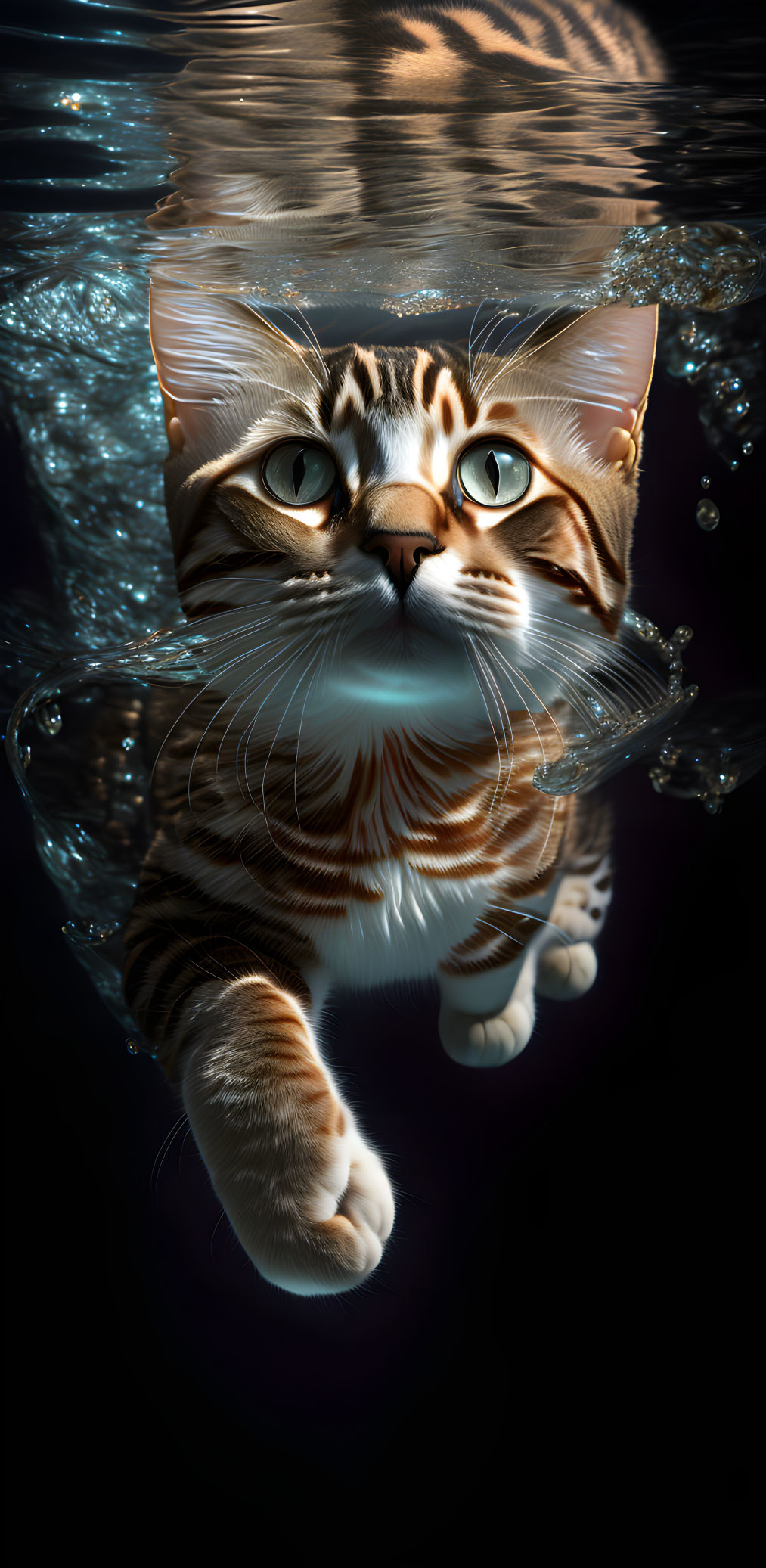 Tabby Cat Submerged in Water with Bubbles and Ripples