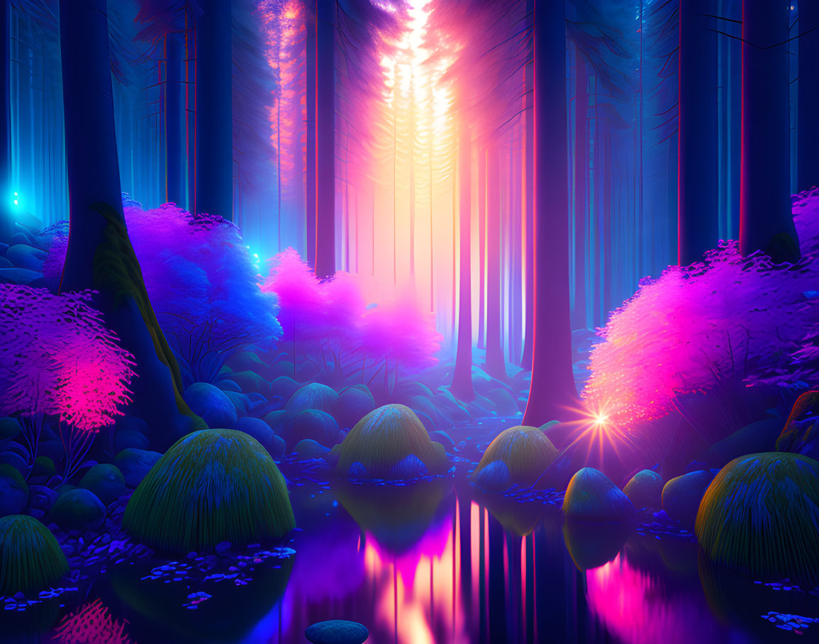 Fantasy forest with neon pink flora, blue hues, tranquil river, misty backdrop