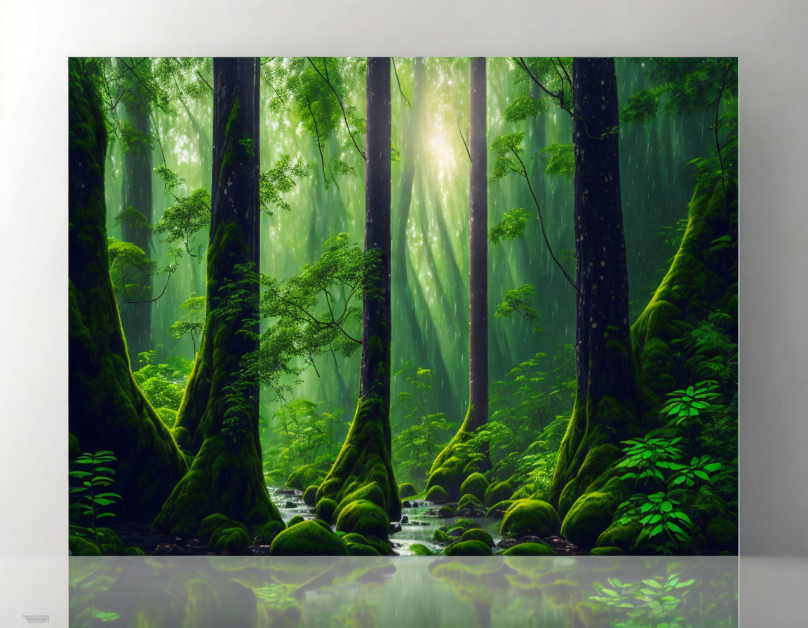 Tranquil forest scene with tall trees, sunlight, moss, and stream