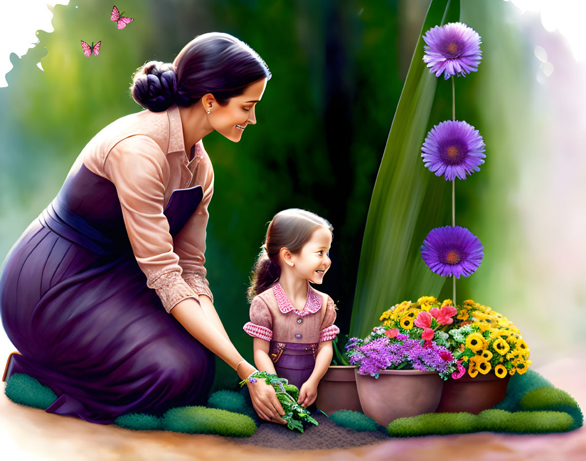 Smiling woman and girl in garden with flowers and butterflies