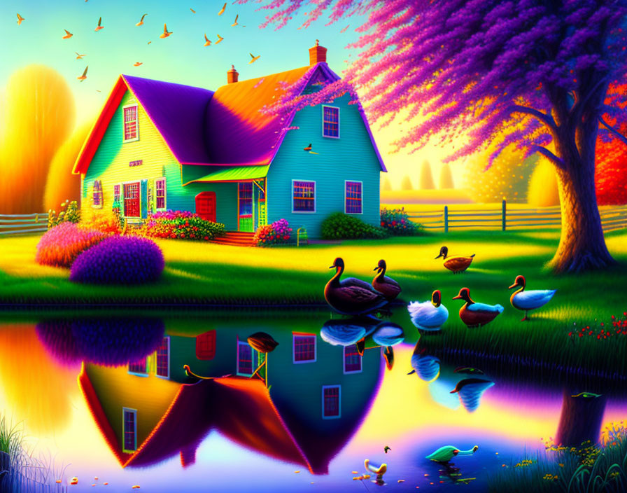 Vibrant blue house reflected in pond with ducks, lush greenery, colorful sunset, and blo