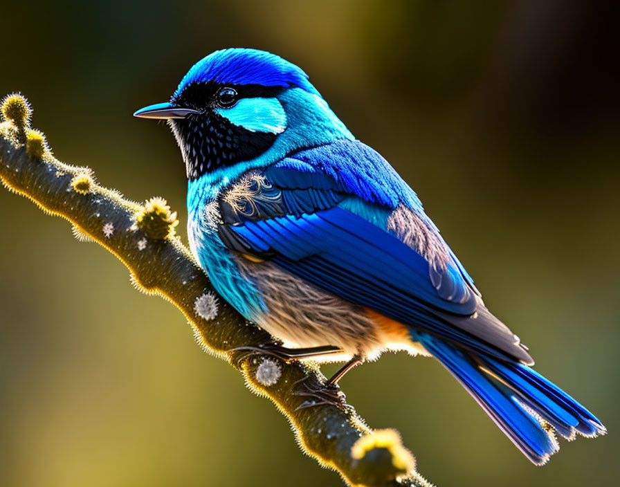 Blue bird with black stripes perched on branch with buds in blurred background