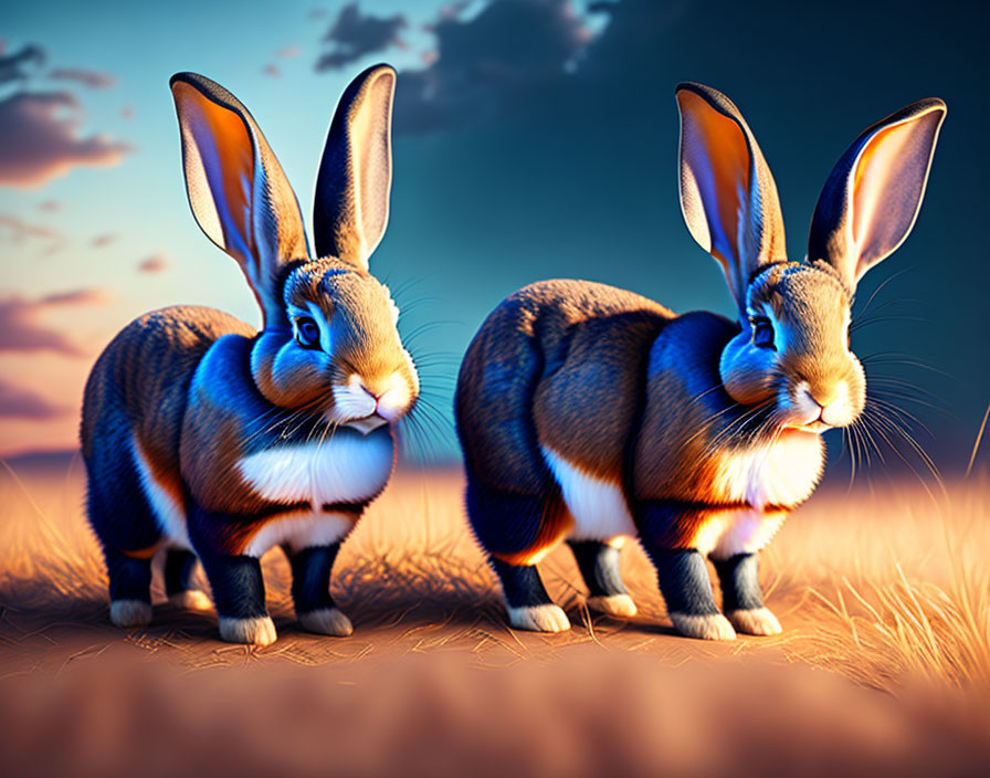 Highly Detailed Animated Rabbits in Field at Sunset