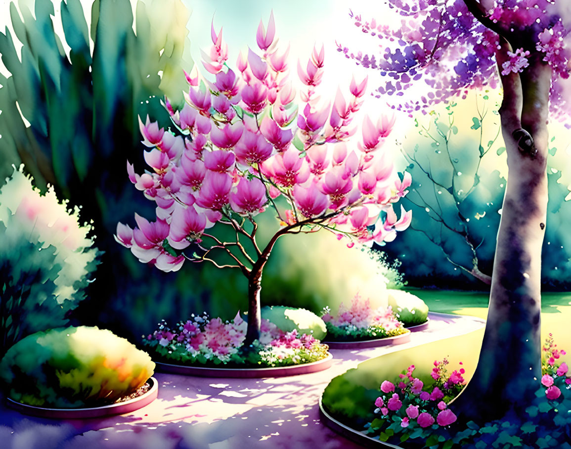 Colorful Fantasy Garden with Pink Blooming Tree and Stone Path