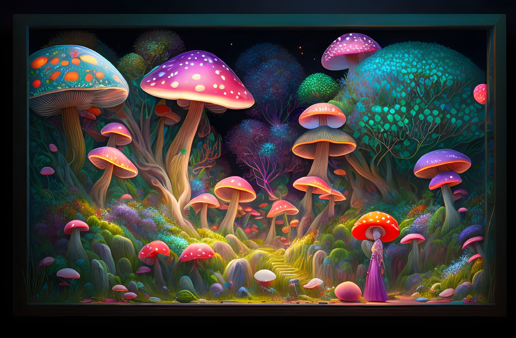 Enchanted forest digital art with vibrant mushrooms & lone figure