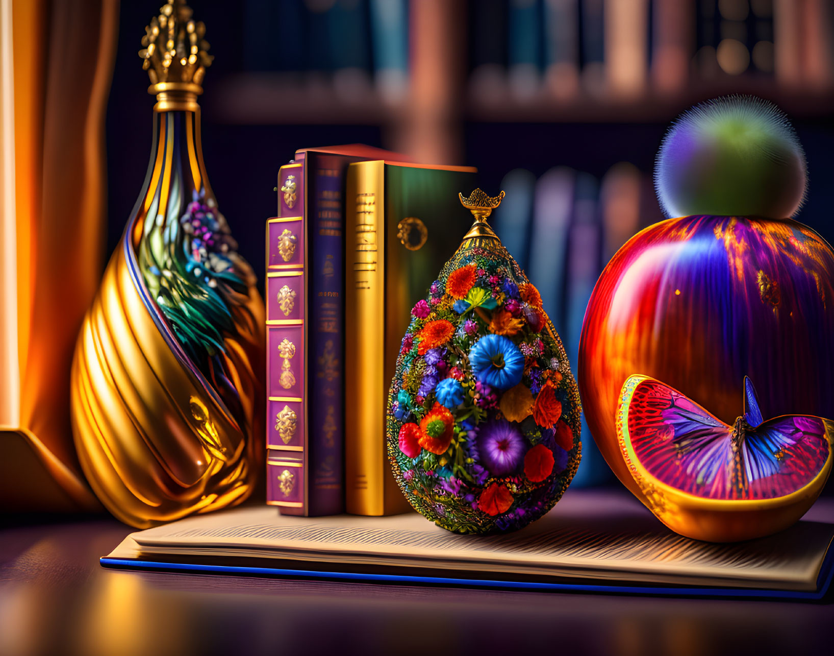 Vibrant still life with gilded perfume bottle, decorated eggs, and gold-detailed books