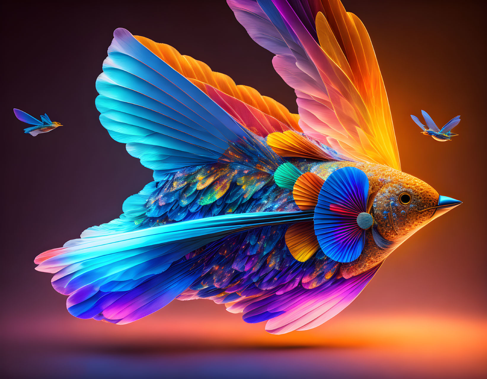 Colorful Stylized Bird in Flight Against Gradient Background