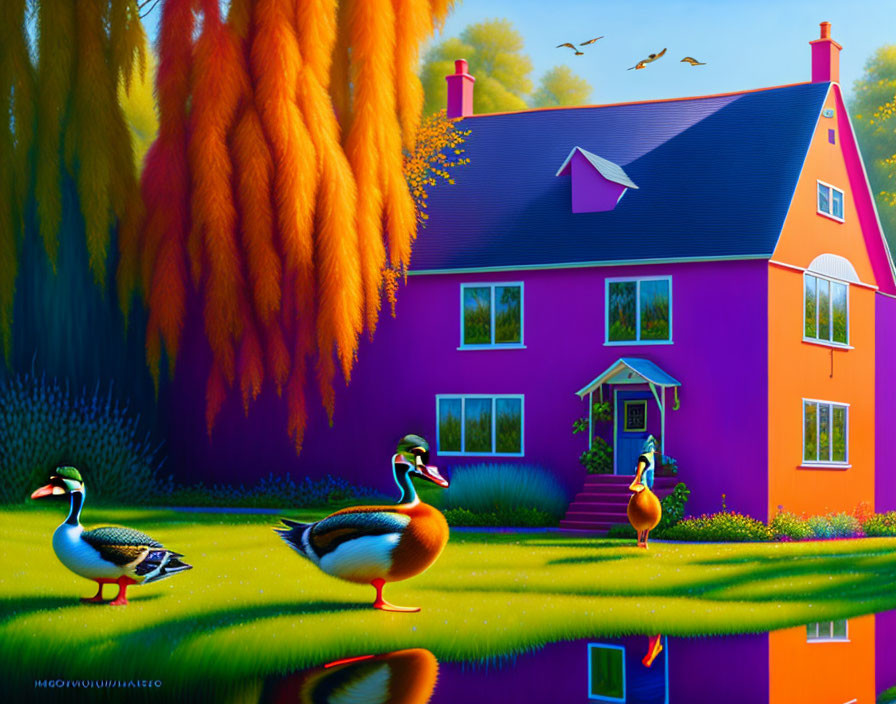 Colorful painting of ducks in front of surreal purple-orange house