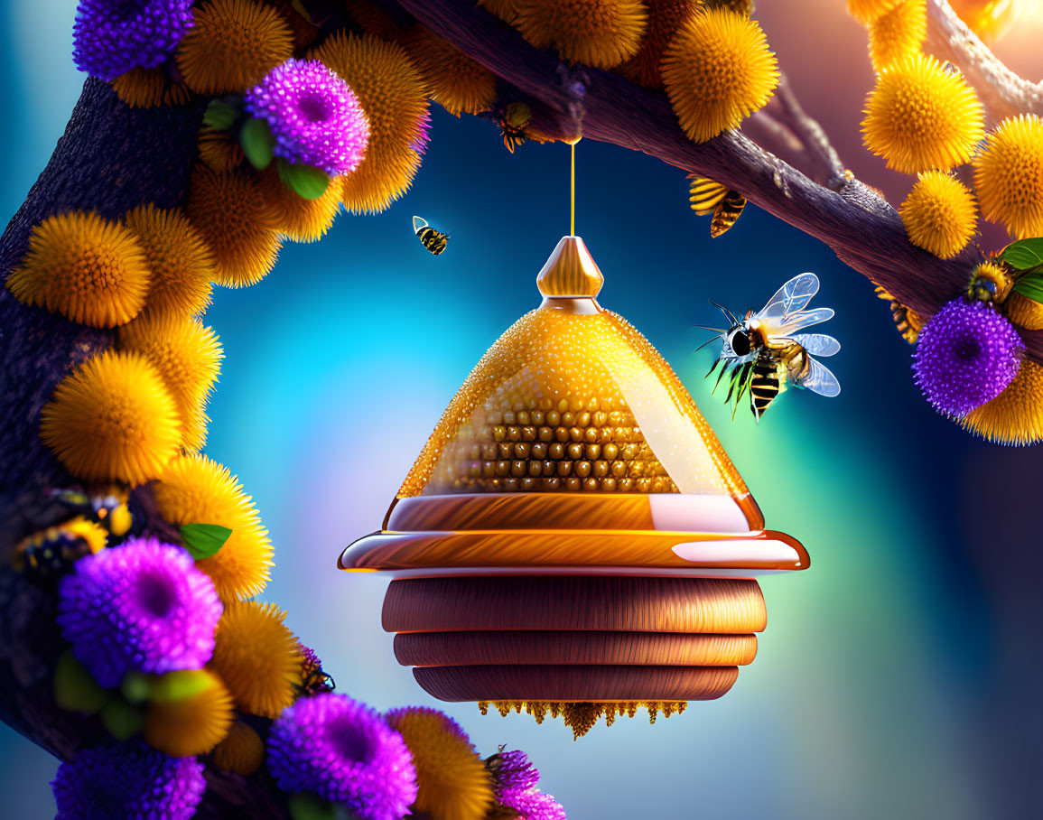 Colorful illustration of bee near hanging beehive and flowers