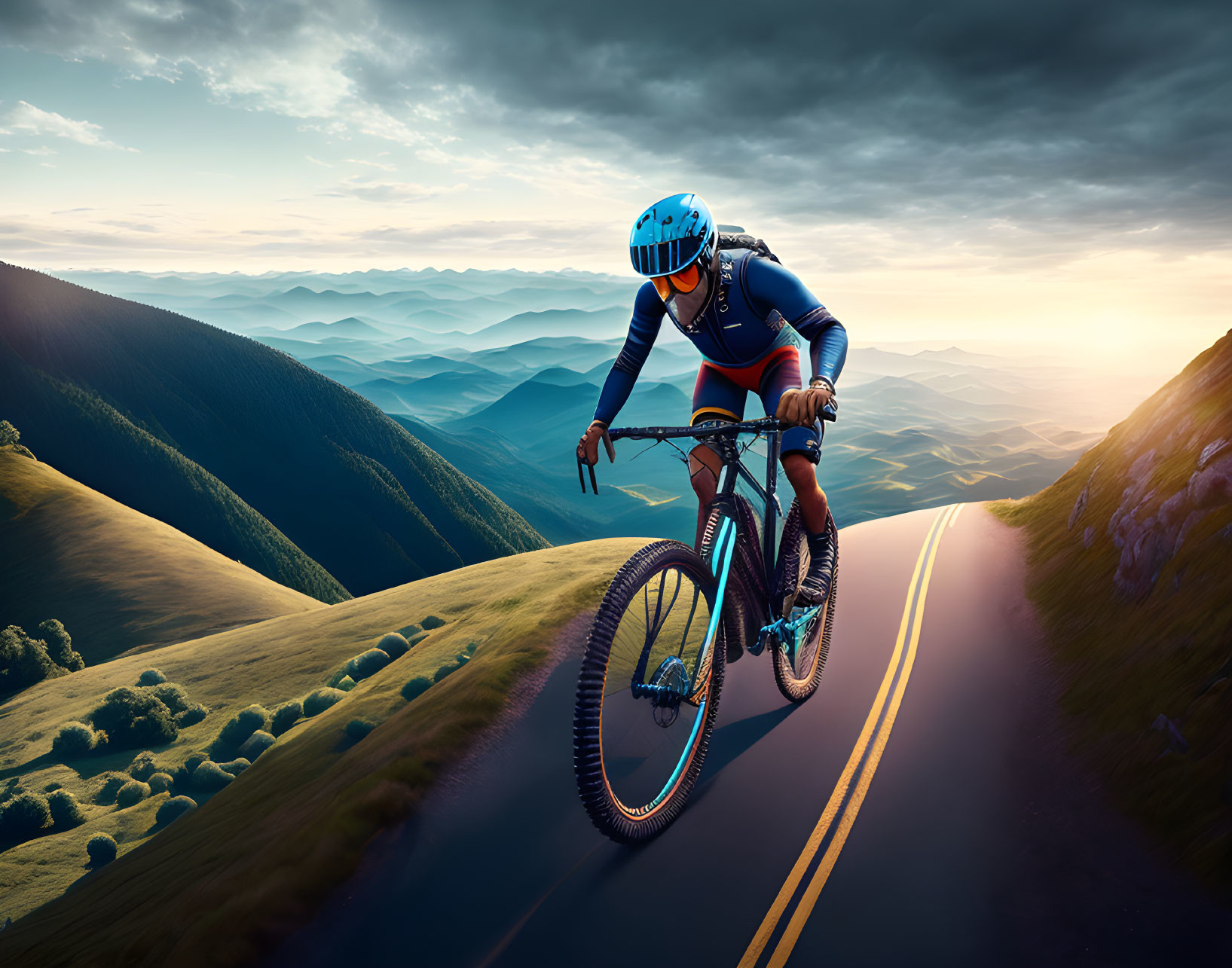 Cyclist in Blue Helmet Riding Downhill on Mountain Road at Sunset