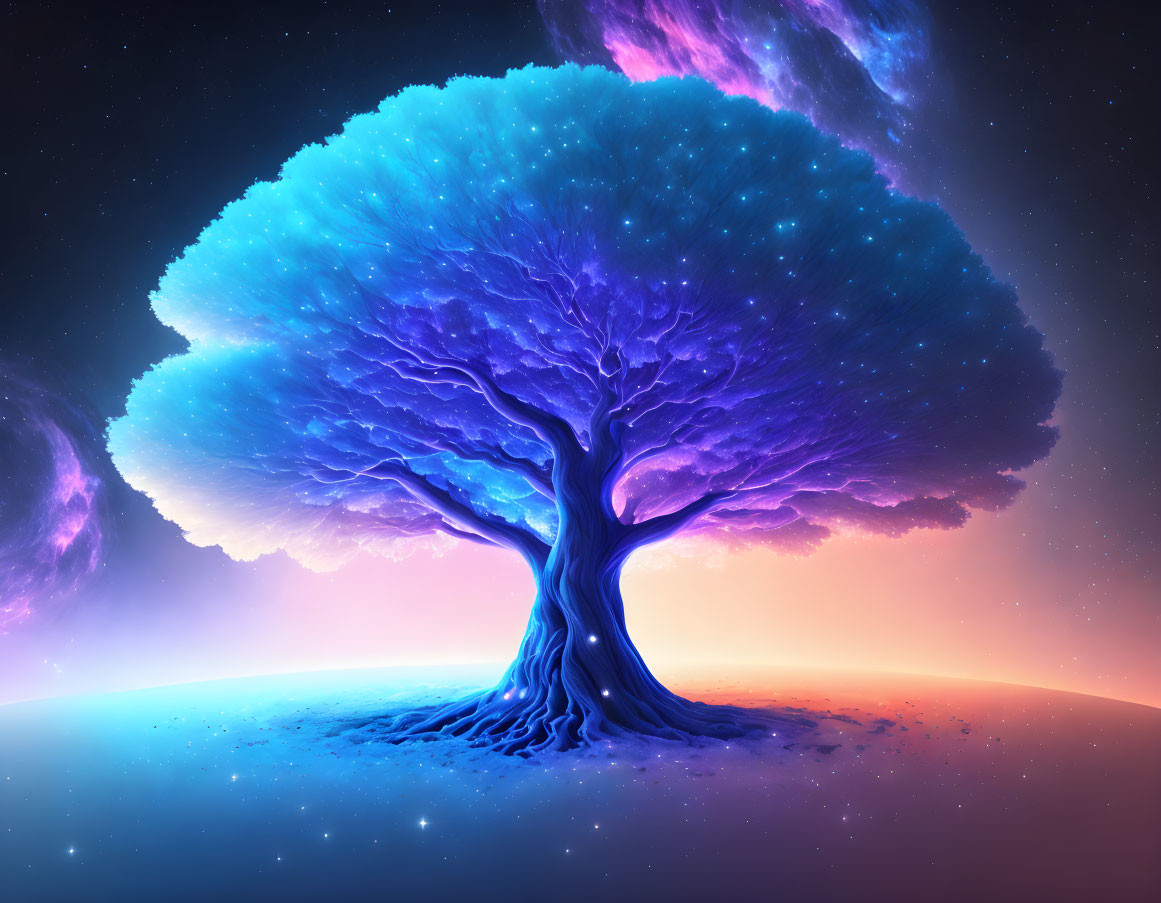 Colorful digital artwork of lone tree under cosmic sky