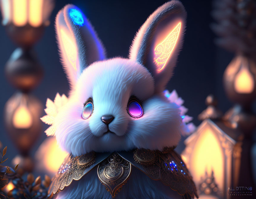 Detailed digital artwork of luminescent white rabbit with glowing purple eyes and golden ear patterns