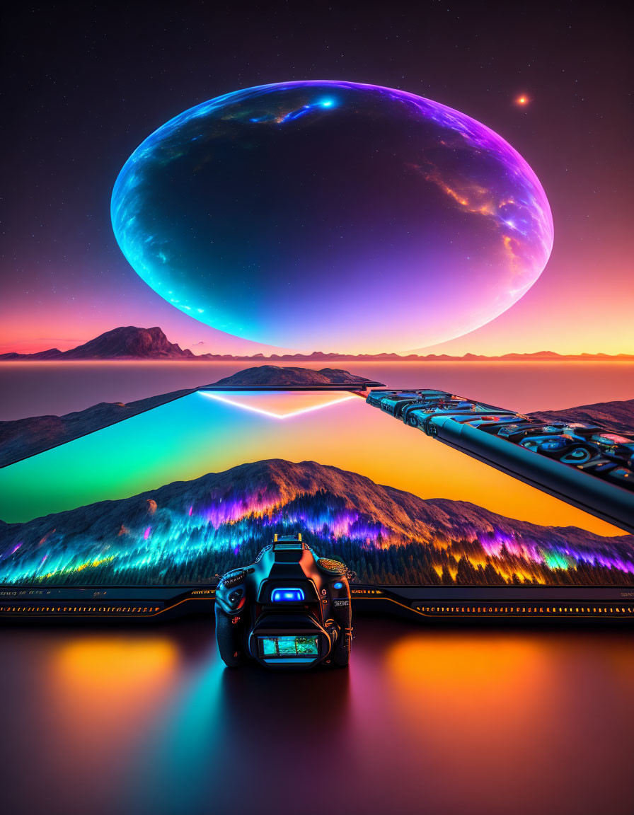 Sci-fi vehicle on neon-lit mountain road with giant planet and starry sky