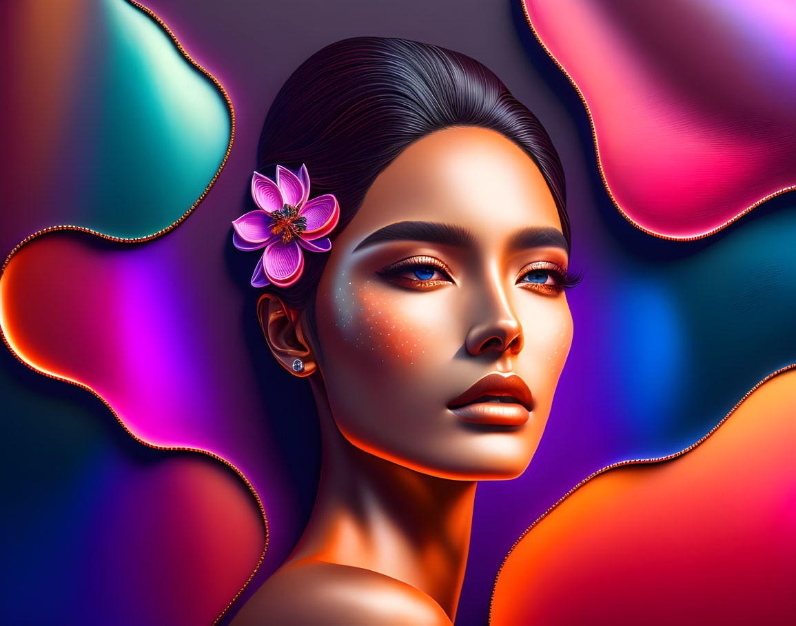 Woman with glowing skin and bold makeup in digital illustration