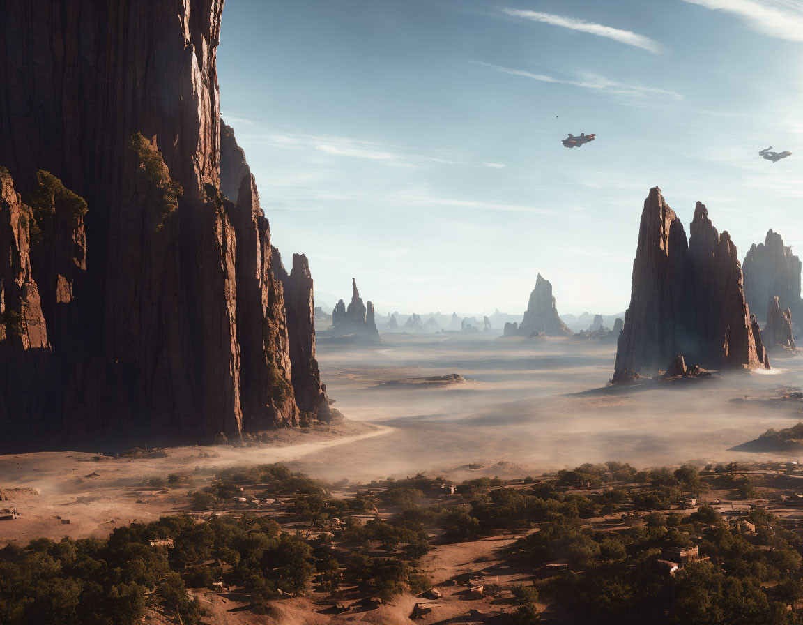 Desert landscape with towering rocks, greenery, and flying crafts