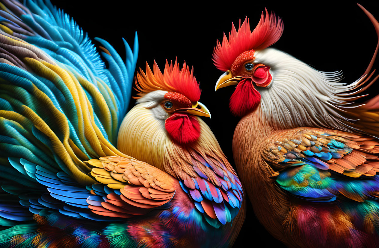 Colorful Roosters with Elaborate Feathers on Black Background