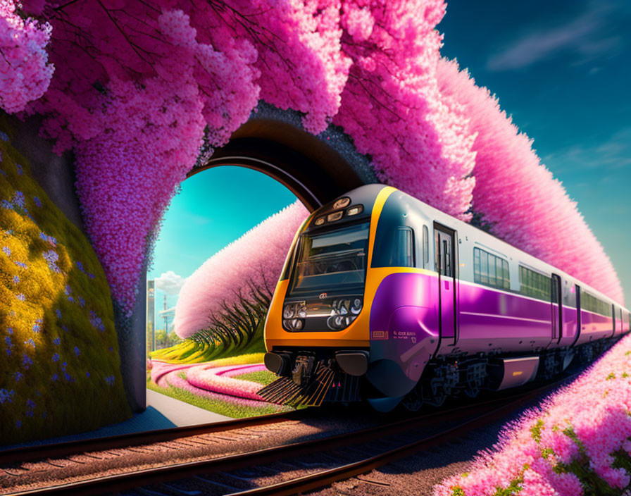 Purple train emerging from tunnel in cherry blossom landscape