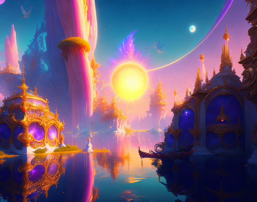 Golden architecture and gondola in vibrant fantasy landscape