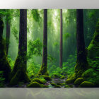 Tranquil forest scene with tall trees, sunlight, moss, and stream