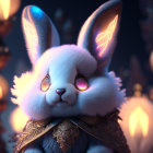 Detailed digital artwork of luminescent white rabbit with glowing purple eyes and golden ear patterns