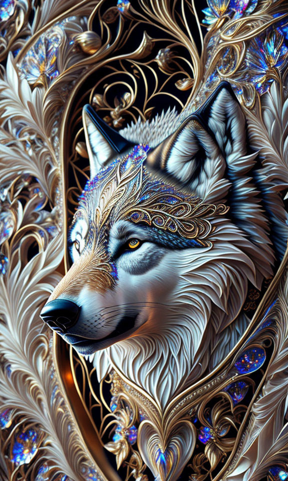 Detailed Wolf Head Illustration with Golden Patterns and Jewels on Baroque Background