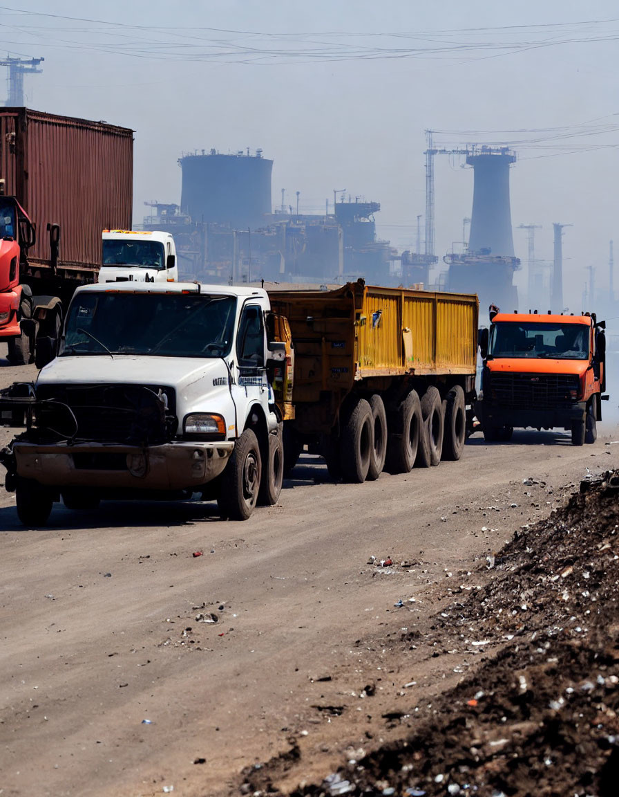 Industrial trucks on dusty road near smoking factories.