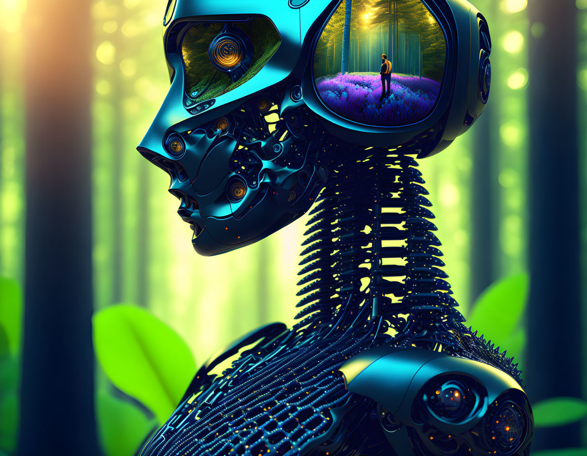 Detailed Robot Illustration with Transparent Head and Miniature Human on Grass