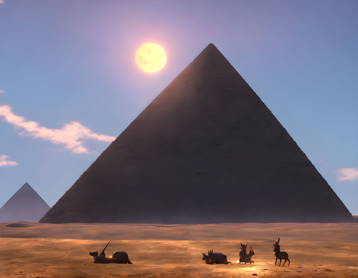 Desert pyramid at sunset with resting camels